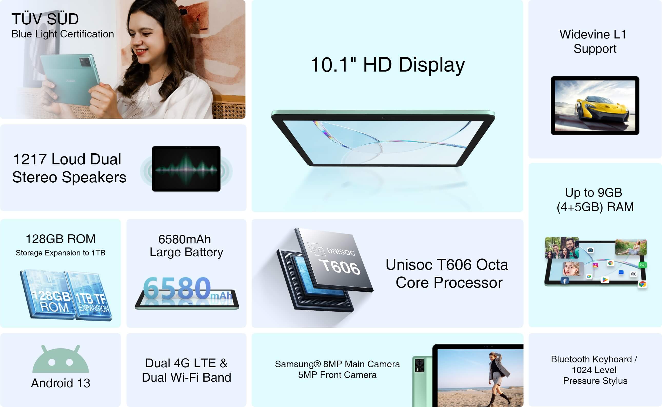 DOOGEE T10E Android Tablet 2024,Latest Octa-Core Processor,9GB+128GB/TF  1TB,10.1 inch IPS Screen Android 13 Tablet,5G/2.4G WiFi,6580mAh Battery,TÜV